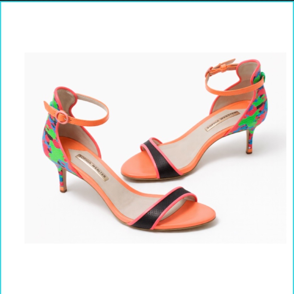 Sophia Webster Neon Orange Pink Green Mixed-Print Ankle-Strap Heels - Picture 2 of 9
